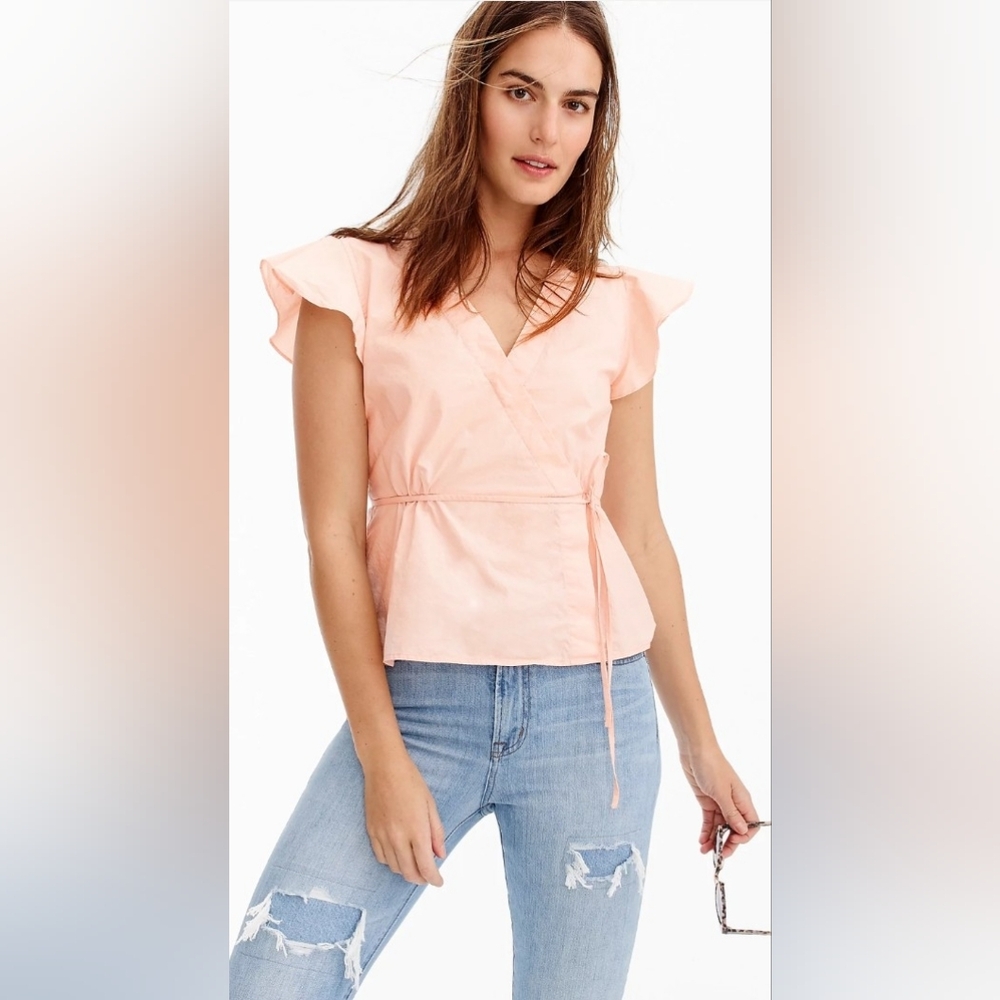J.Crew Flutter-sleeve Wrap Top 100% Cotton Pink Women's Size 0